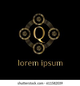 Golden logo design template. Creative circular emblem, decorative icon, Monogram element vector illustration letter Q