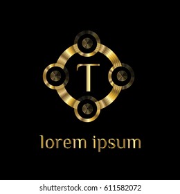 Golden logo design template. Creative circular emblem, decorative icon, Monogram element vector illustration letter T