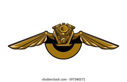 Golden logo, engines, motorbikes and wings.