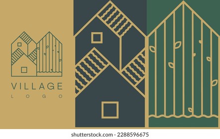 Logo dorado de las casas en la naturaleza. En un estilo geométrico lineal, sobre un fondo marrón. Utilizado para logotipos de bienes raíces, construcción, arquitectura, edificios, hoteles, pueblos.