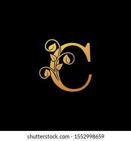 Golden  logo icon letter C.  Vintage design concept nature classy gold monocrome floral with letter logo icon on black background color  best for luxury, boutique,restaurant, wedding service, hotel.