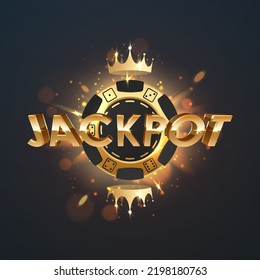 Golden logo with letters letters jackpot, gold and black poker chip, token, crowns on black background with gold lights, sparkles and bokeh. Vector illustration.