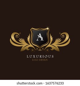 Golden A Logo Luxurious Shield, creative vector design concept for luxury business indentity.