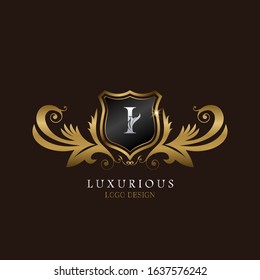 Golden I Logo Luxurious Shield, creative vector design concept for luxury business indentity.