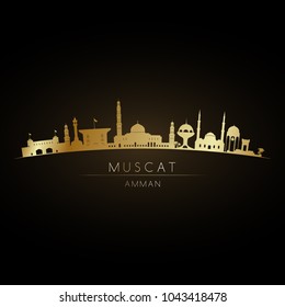 Golden logo Muscat city skyline. Vector silhouette illustration