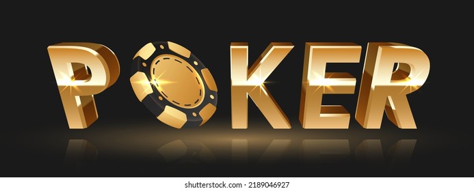 Golden logo online poker with gold and black poker chip, token, and lights, rays, glare, sparkles on black background. Concept for casino design. Vector illustration for postcard, web, advertising.