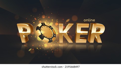 Golden logo online poker with gold and black poker chip, token, and lights, rays, glare, sparkles on black background. Concept for casino design. Vector illustration for postcard, web, advertising.