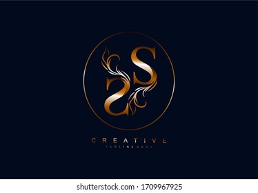 Golden Logo SS Letter Oval Monogram Floral Dark Blue Color Background