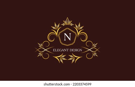 Golden logo template for label or vintage signs with letter N. Geometric ornament, isolated design, gold on dark background. Elegant fashionable lace