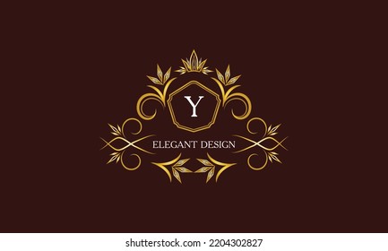 Golden logo template for label or vintage signs with letter Y. Geometric ornament, isolated design, gold on dark background. Elegant fashionable lace