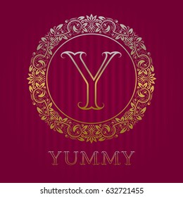 Golden logo template for yummy boutique. Vector monogram.