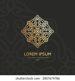 Golden logo with vector ornament on a black background. Elegant, classic elements. Can be used for jewelry, beauty and fashion industry. Great for logo, emblem, or any desired idea.