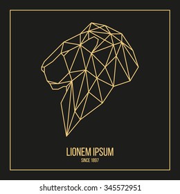 Golden logotype lion head geometric lines side view silhouette  isolated on black background vintage vector design element illustration