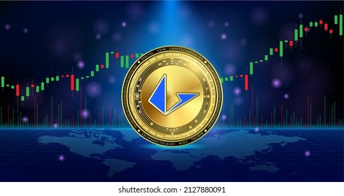 Golden Loopring currency coin. Electronic crypto currency modern technology. Digital cryptocurrency block chain market token banner. On world map chart background. 3D Vector.

