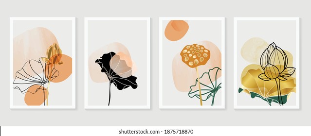 Golden lotus and abstract wall arts vector collection.  Golden and luxury pattern design with leaves line arts, Hand draw Organic shape design for wall framed prints, canvas prints, poster, home dec