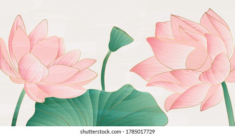 Golden lotus  background pattern vector. Tropical flower background design for cosmetics,health care, print, postcards, packaging, covers, vector illustration.