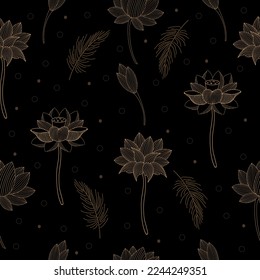 Golden lotus background vector. Golden lotus line design for wallpaper, wall art, fabric, prints and background texture, vector illustration.