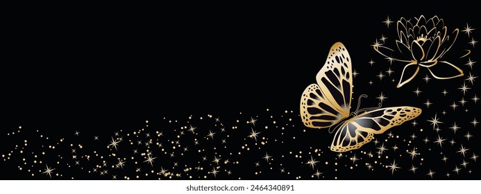 golden lotus, golden butterfly and golden stars on a black background