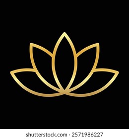 Golden Lotus flower icon. Luxury Logo Symbol for eco, beauty, zen, spa, yoga, massage, medical companies. Gold blooming lotus flower icon isolated on black background, vector illustration EPS 10. 