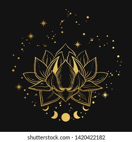Golden Lotus flower on black background. Vector hand drawn illustration