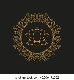 Golden lotus flower with ornate decorative frame. Vector illustration