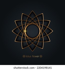 Golden Lotus flower, sacred geometry mandala, stylized circular ornament, gold line art floral logo. Flower blossom symbols of yoga, spa, beauty salon, cosmetics, relax, brand style. Vector isolated
