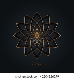 Golden Lotus flower, sacred geometry mandala, stylized circular ornament, gold line art floral logo. Flower blossom symbols of yoga, spa, beauty salon, cosmetics, relax, brand style. Vector isolated