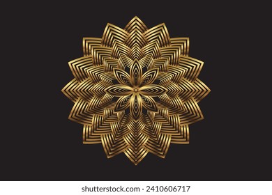 Flor Golden Lotus, geometría sagrada mandala, adorno circular estilizado, arte dorado con el logotipo floral. Símbolos florales de yoga, spa, salón de belleza, cosmética, relajación, estilo de marca. Vector aislado