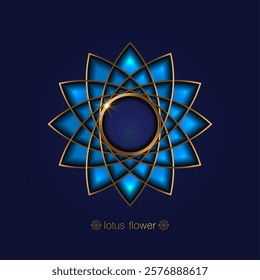 Golden Lotus flower, sacred geometry blue mandala, stylized circular ornament, gold line, floral logo. Flower blossom symbols of yoga, spa, beauty salon, cosmetics, relax, brand style. Vector isolated