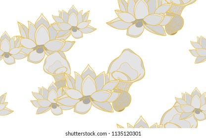 Golden lotus flowers. Big leaves and exotic flowers composition. Vector illustration. Botanical seamless wallpaper. Digital nature art. Cartoon style sketch. White background.