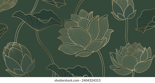 Golden lotus green background vector. Tropical flower design, Lotus leaves line luxury arts for wallpape, packaging, covers, vector illustration.