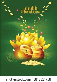 golden lotus illustration of Gold coin in pot for Dhanteras celebration on Happy Diwali light festival 