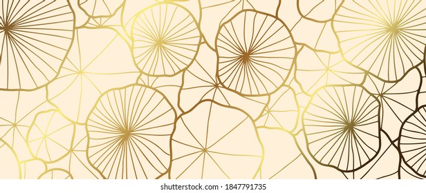 Golden lotus leaf line arts on dark background, Luxury gold wallpaper design for prints, banner, fabric, poster, cover, digital arts vector illustration.	