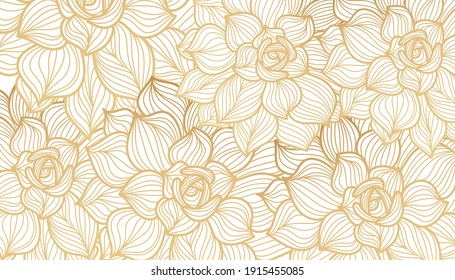 Golden lotus, line art background on white background. Design for wallpaper, poster, cover. Vector illustration.