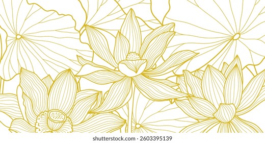 Golden Lotus line art background, flowers, leaves and seeds. Vector in white background, Hand drawn illustrations. Elegant design, wedding invitation, greeting card, wall art.