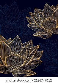 Golden lotus line art on dark blue background. Wallpaper design with lotus. Copy space. Vector illustration.