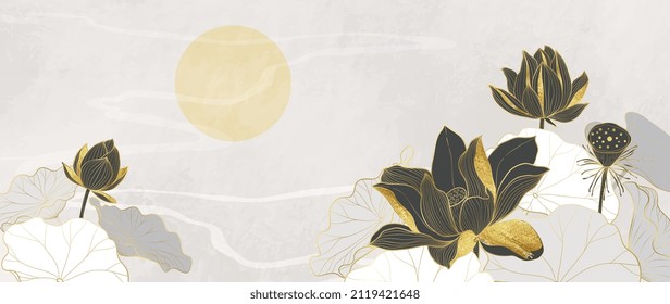 Golden Lotus line art vector in bright background. Luxury watercolor wallpaper with black lotus flower, leaves and circle sun. Design for banner, invitation, packaging, wall art.