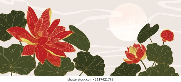 Golden Lotus line art vector in bright background. Luxury watercolor wallpaper with red lotus flower, leaves and circle sun. Design for banner, invitaion, packaging, wall art.