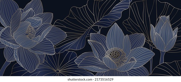 Golden Lotus line art vector in dark background. Luxury watercolor wallpaper with lotus flower, leaves and blooms in hand drawn. Elegant design for banner, invitation, packaging, wall art.