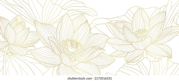 Golden Lotus line art vector in white background. Luxury watercolor wallpaper with lotus flower, leaves and blooms in hand drawn. Elegant design for banner, invitation, packaging, wall art.