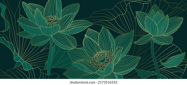 Golden Lotus line art vector in green background. Luxury watercolor wallpaper with lotus flower, leaves and blooms in hand drawn. Elegant design for banner, invitation, packaging, wall art.