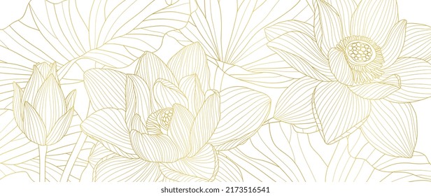 Golden Lotus line art vector in white background. Luxury watercolor wallpaper with lotus flower, leaves and blooms in hand drawn. Elegant design for banner, invitation, packaging, wall art.