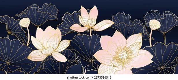 Golden Lotus line art vector in dark background. Luxury watercolor wallpaper with lotus flower, leaves and blooms in hand drawn. Elegant design for banner, invitation, packaging, wall art.