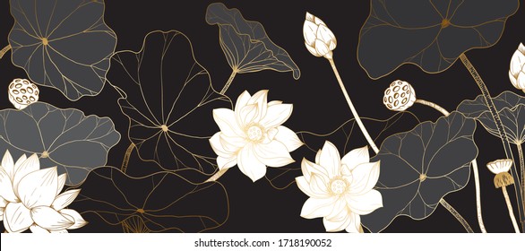 Golden lotus line arts on dark background, Luxury gold wallpaper design for prints, banner, fabric, poster, cover, digital arts vector illustration.	