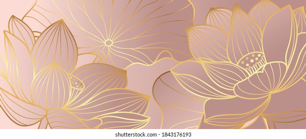 Golden lotus line arts on dark background, Luxury gold wallpaper design for prints, banner, fabric, poster, cover, digital arts vector illustration.	