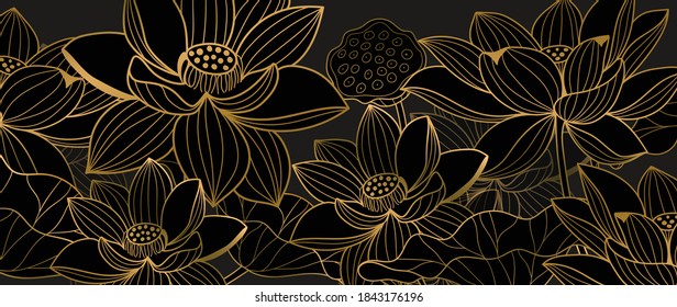 Golden lotus line arts on dark background, Luxury gold wallpaper design for prints, banner, fabric, poster, cover, digital arts vector illustration.	