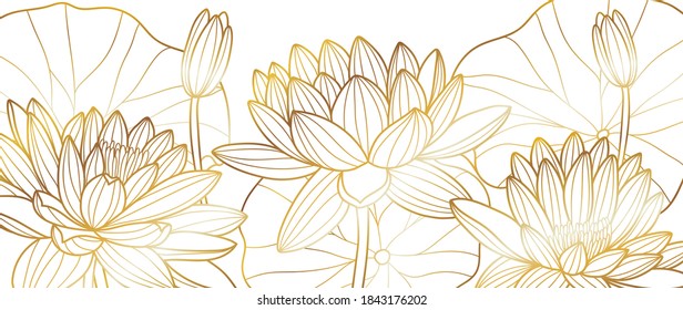 Golden lotus line arts on dark background, Luxury gold wallpaper design for prints, banner, fabric, poster, cover, digital arts vector illustration.	