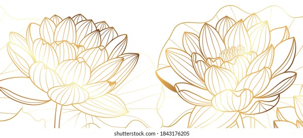 Golden lotus line arts on dark background, Luxury gold wallpaper design for prints, banner, fabric, poster, cover, digital arts vector illustration.	