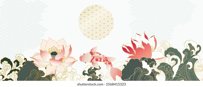 Golden lotus line arts on  ocean wave background, Luxury gold wallpaper design for Chinese new year, Japanese style line art and oriental pattern wall decoration.