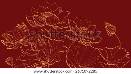 Golden lotus line composition on red background with blooms, buds and leaves for luxury design. Oriental flowers in minimalist outline style. Elegant botanical ornament for premium branding or decor.